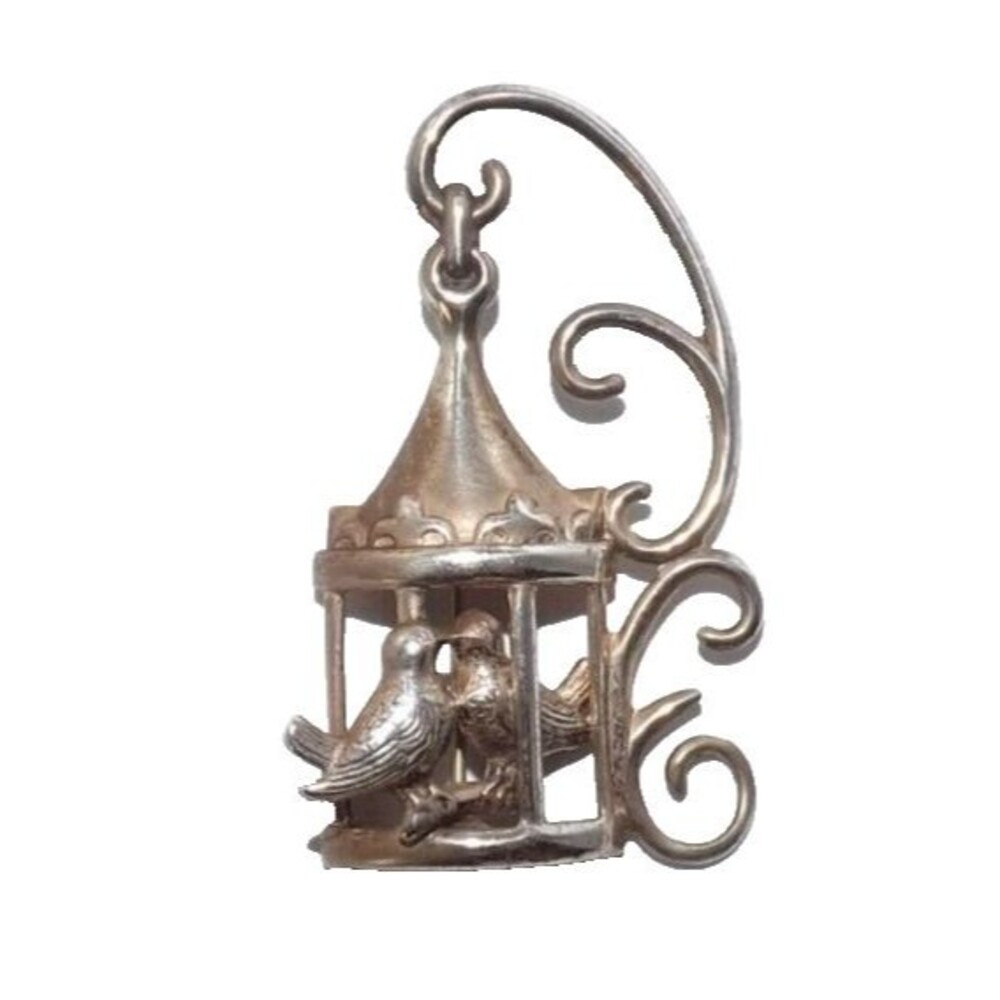 Vintage Love Birds Birdcage Brooch Sterling Silver Pin Signed